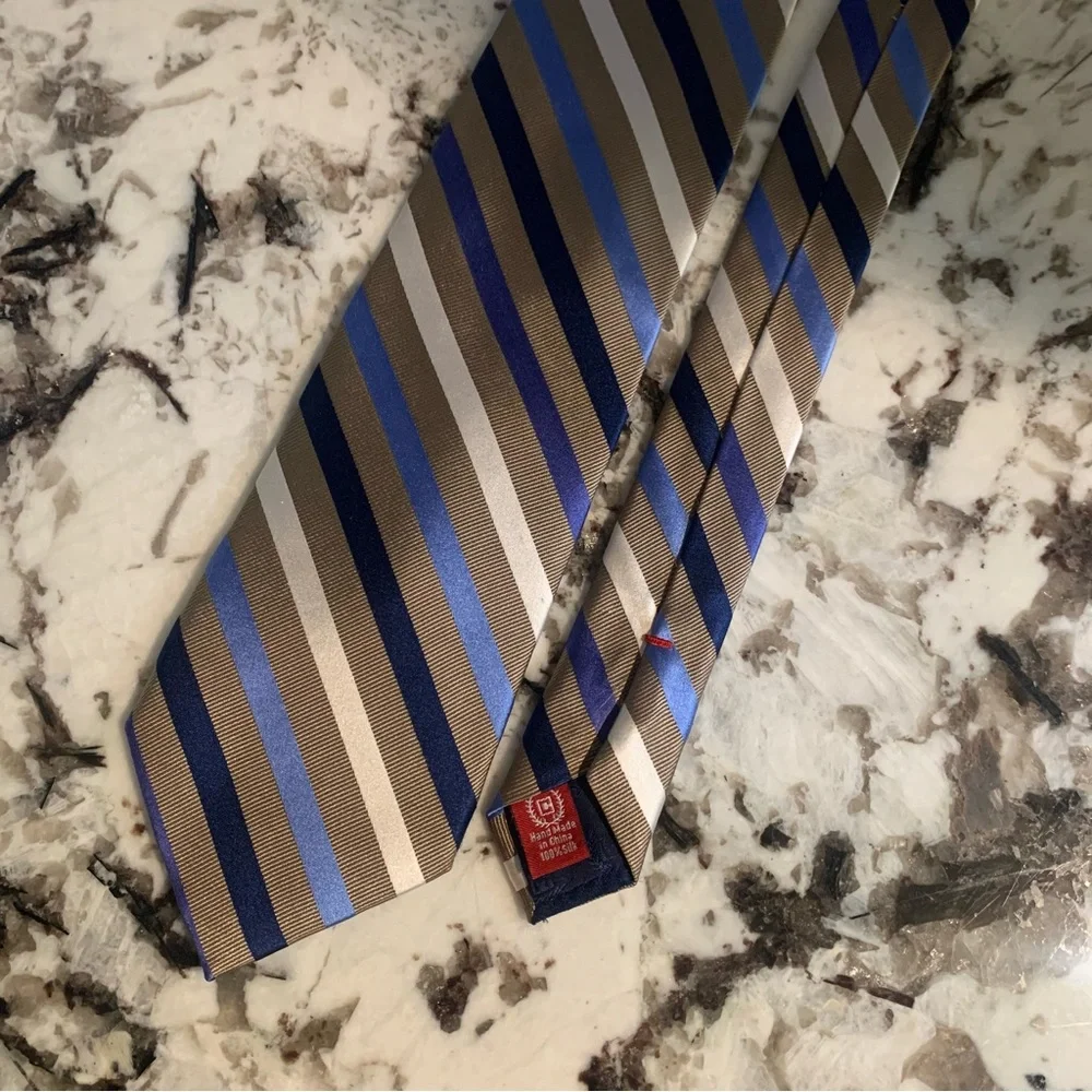 Repp Tie Chaps 100% Silk Stripe Tie - Blues Cream Khaki - Picture 5 of 6